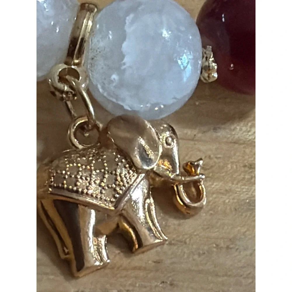 Red Beaded Elephant Charm Stretch Bracelet Gold Tone Boho Lucky Wisdom Novelty